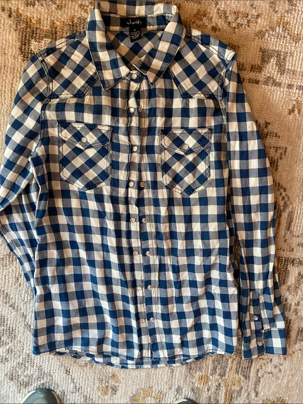 Justify Blue and White Check Button-Down Western Shirt